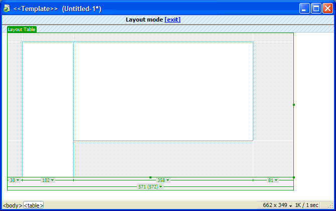 An empty layout table is displayed in a blank template documents. The layout cells appear white against a gray background and the table is outlined in green.