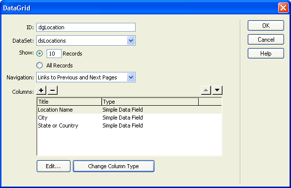 An example showing three columns defined for a DataGrid.