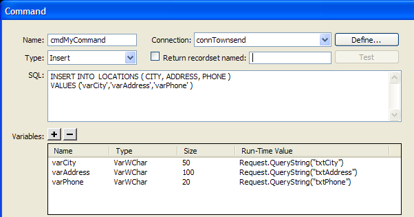 An Insert statement that contains three SQL variables.