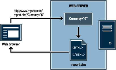 Workflow of information between the report.cfm page in the browser and the server.