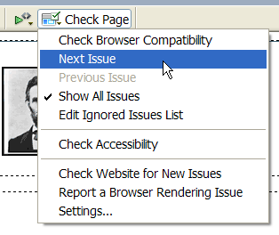 Select Next Issue in the Browser Compatibility Check menu to check the code.