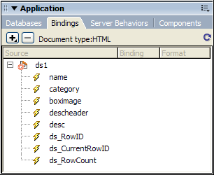 Bindings tab showing dynamic display elements.