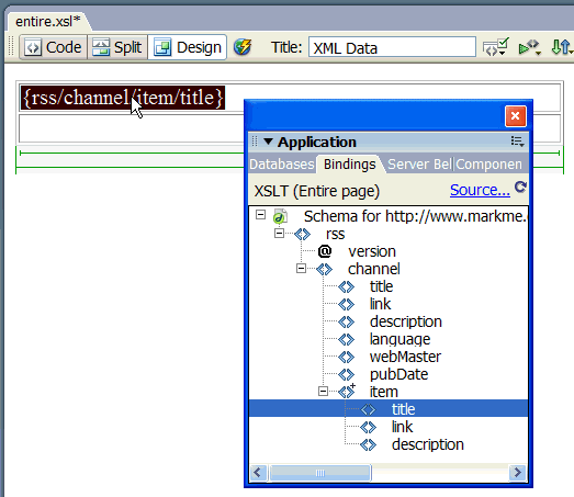 Select an XML element in the Bindings panel